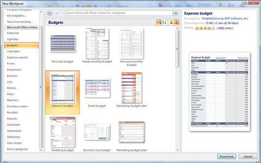 Sélection d'un modèle de budget pour télécharger à partir de Microsoft Office Online.
