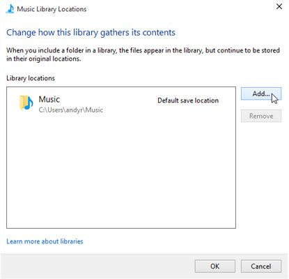 Cliquez sur le bouton Ajouter et accédez à un nouveau dossier que vous voulez Windows Media Player à surveiller.