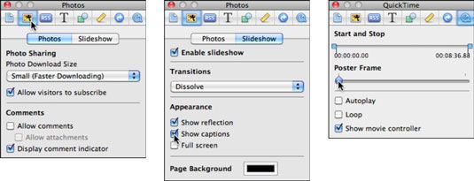 Modifier les paramètres pour un album photo (à gauche), diaporama (au centre), et de la vidéo (à droite).