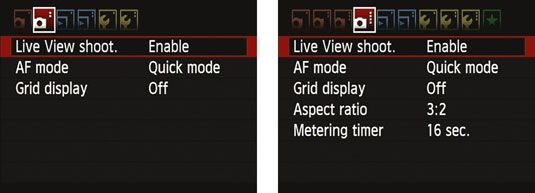 Activer Live View soit sur menu Prise de vue 2 (à gauche) ou 4 (à droite), en fonction de votre mode d'exposition.