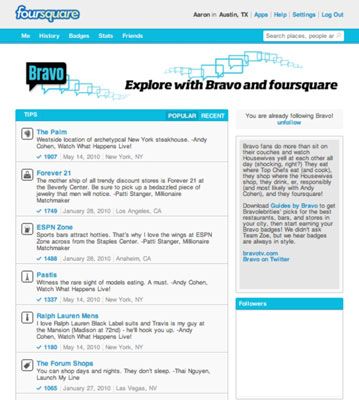 La page Bravo sur Foursquare montre comment une marque peut utiliser les services basés sur la localisation.