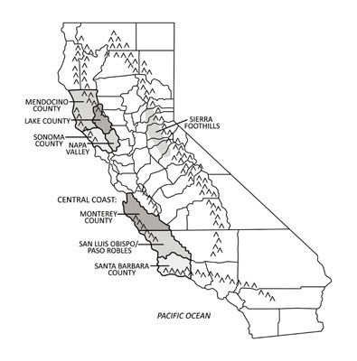 Les régions viticoles de Californie.