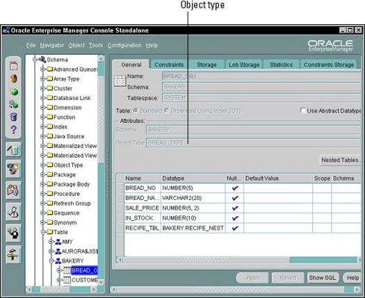 Modification des tables d'objets Oracle9i et types d'objets