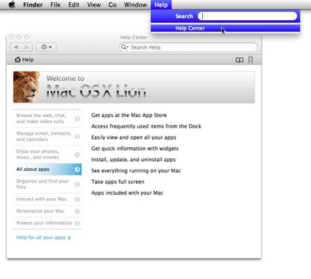Photographie - Naviguer dans le menu d'aide dans Mac OS X Lion
