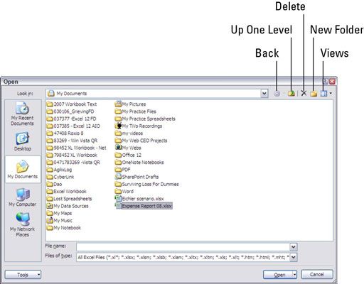 La boîte de dialogue Ouvrir tel qu'il apparaît lors de l'exécution Excel 2007 sur Windows XP.