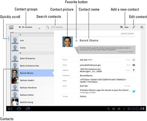 Photographie - Vue d'ensemble de l'application Contacts sur le Samsung Galaxy Tab