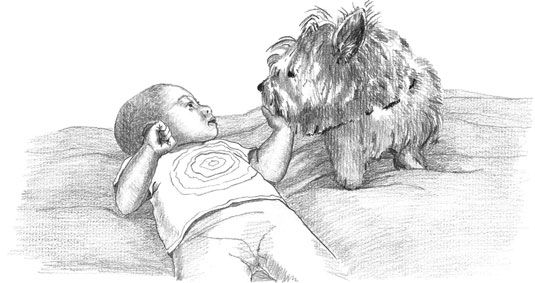Beurre Étendre sur le bébé's hand to teach your puppy to give kisses. [Credit: Illustration by