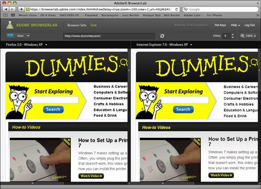 Le site Dummies.com montré dans BrowserLab tel qu'il apparaîtra dans Firefox pour Windows XP (à gauche) et Int