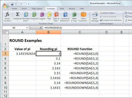 Arrondir la valeur de pi à la ronde, le Roundup, et les fonctions ROUNDDOWN.