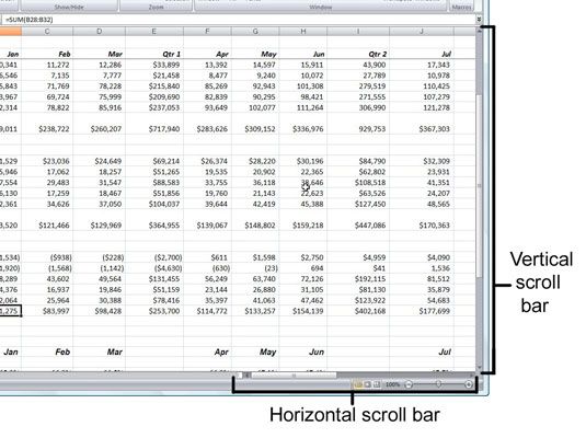Utilisez les barres de défilement pour naviguer à des parties invisibles d'une feuille de calcul Excel 2,007.