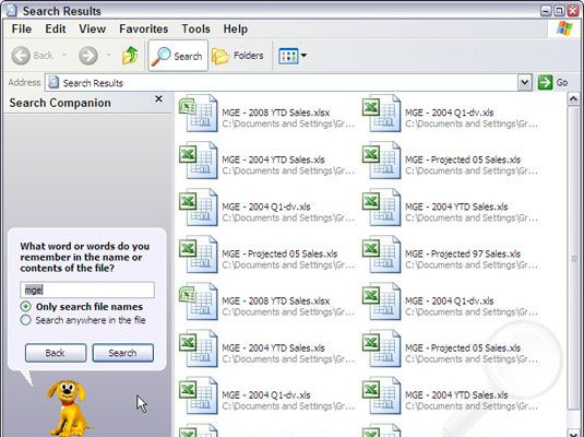 Utilisez la boîte de dialogue Résultats de la recherche Windows XP pour rechercher un classeur Excel manquant.
