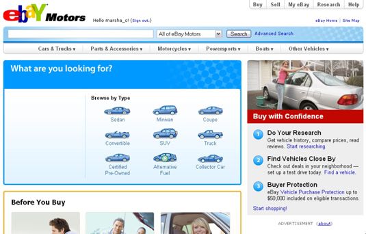 La page d'accueil d'eBay Motors.
