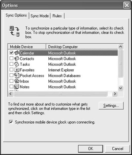 Configuration des options de ActiveSync pour votre PC de poche