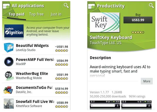 Applications Haut-payés dans l'Android Market (gauche) - la page de description de l'application SwiftKey Keyboard (RIG