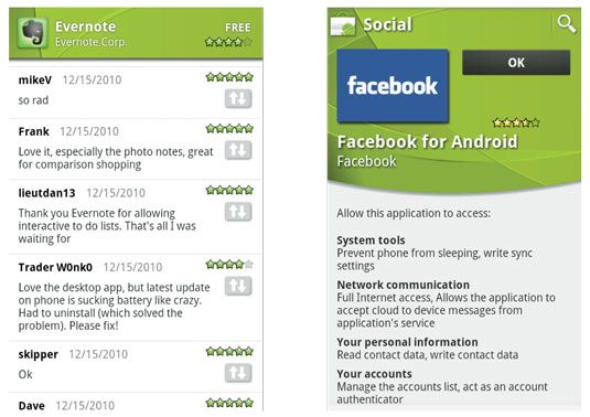 La page des commentaires des utilisateurs pour l'application Evernote (gauche) - les pièces de votre appareil que l'app Facebook