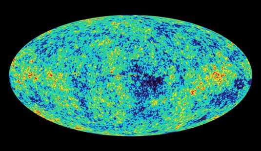 NASA's WMAP satellite image shows a (mostly) uniform cosmic microwave background radiation. [