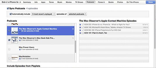 Le volet Podcasts détermine les podcasts sont copiés sur votre iPhone.