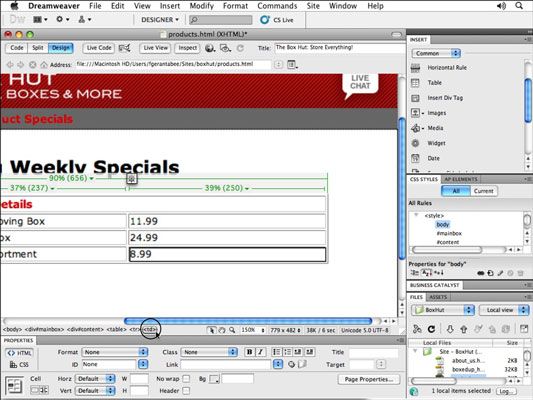 Photographie - Table et la sélection de cellules dans Adobe CS5 Dreamweaver