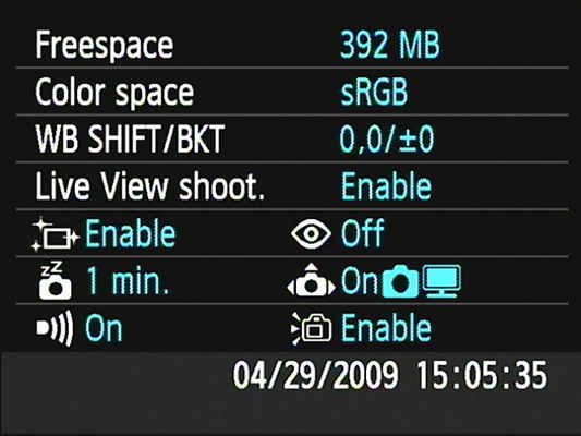 Photographie - L'affichage des paramètres de la caméra sur un Canon EOS Rebel T1i / 500d