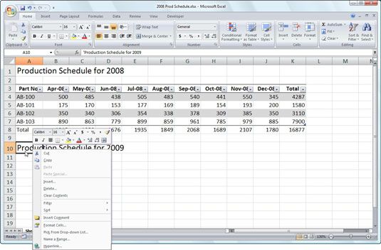 Appliquer formatage changements communs avec la mini barre d'outils dans Excel 2007.